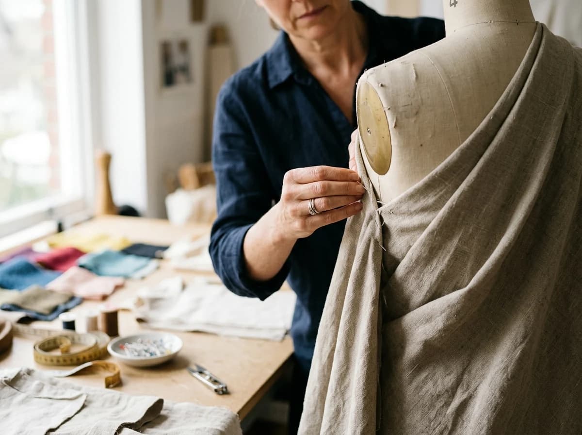 Close-up of a stylist's hands carefully pinning a garment on a dress form, adjusting the fabric with precision, surrounded by fabric swatches and tailoring tools.