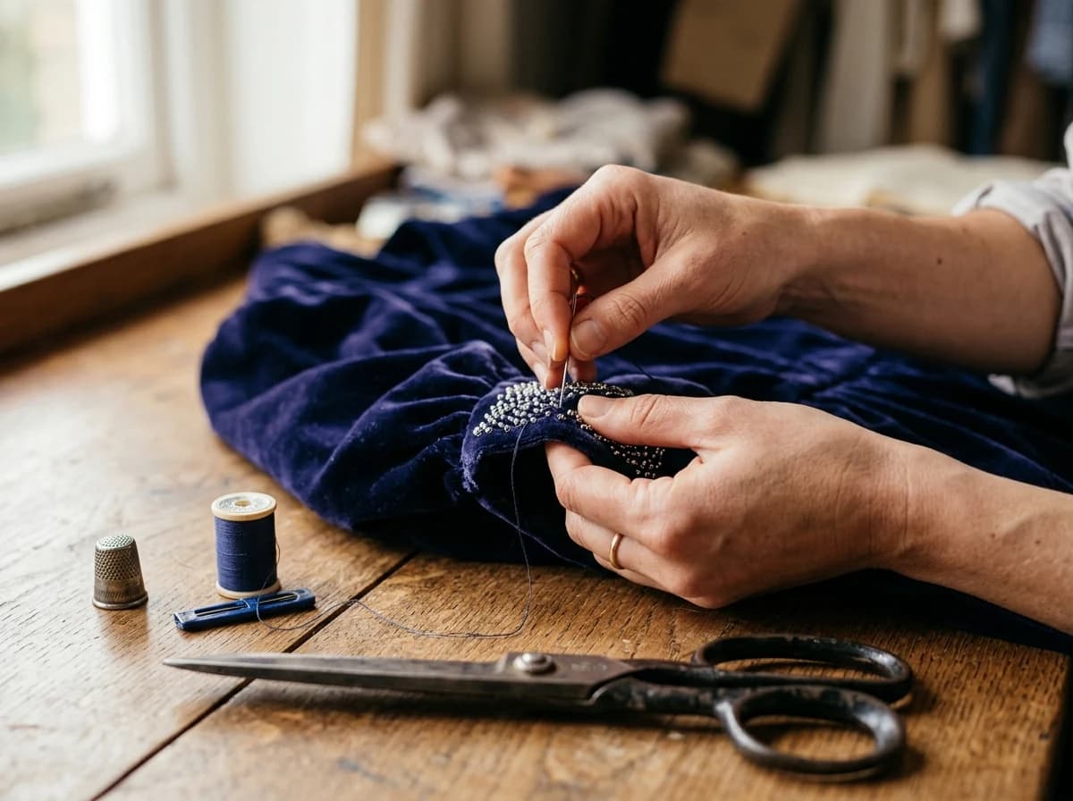Close-up of a fashion designer's hands meticulously stitching a garment, surrounded by design tools.