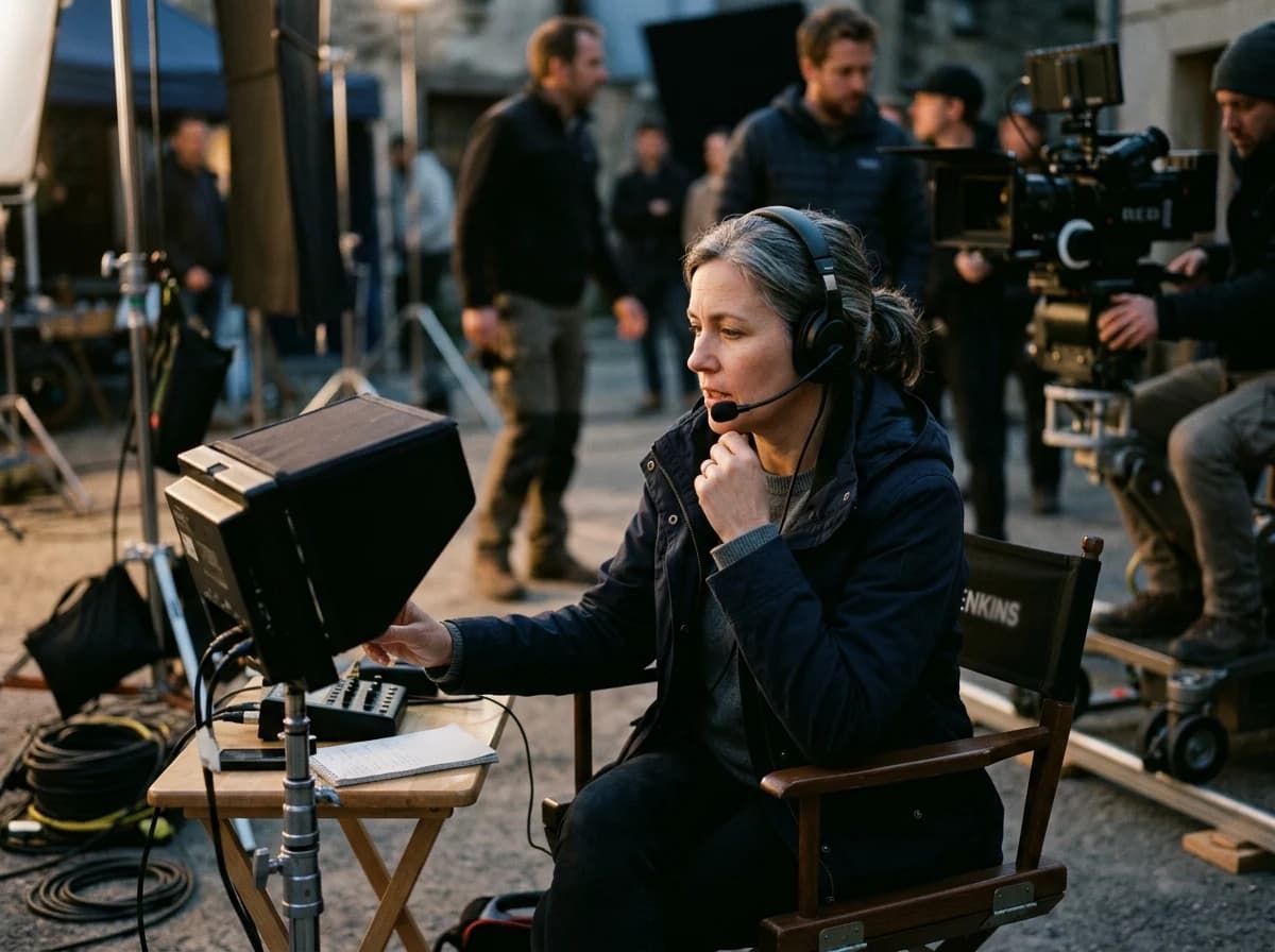 A focused film director, mid-shot, intently watching a playback monitor on set, wearing a headset.