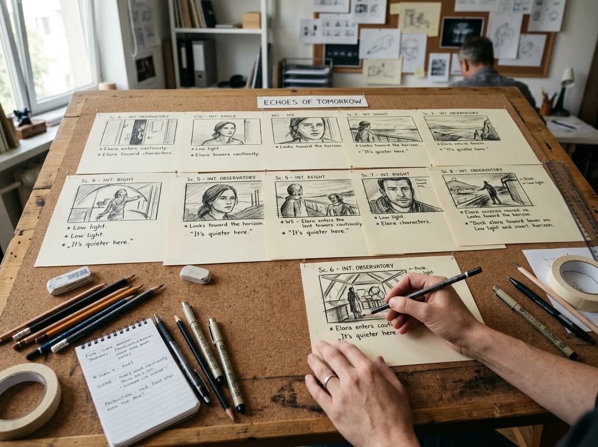 Close-up of a meticulously drawn storyboard, showing sequential frames of a film scene with annotations.