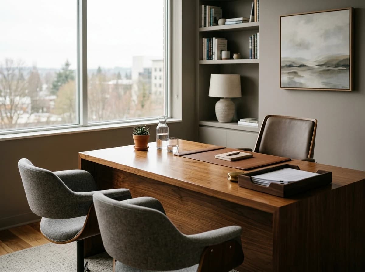 Sleek, modern financial advisory office interior with comfortable seating and a polished wood desk.