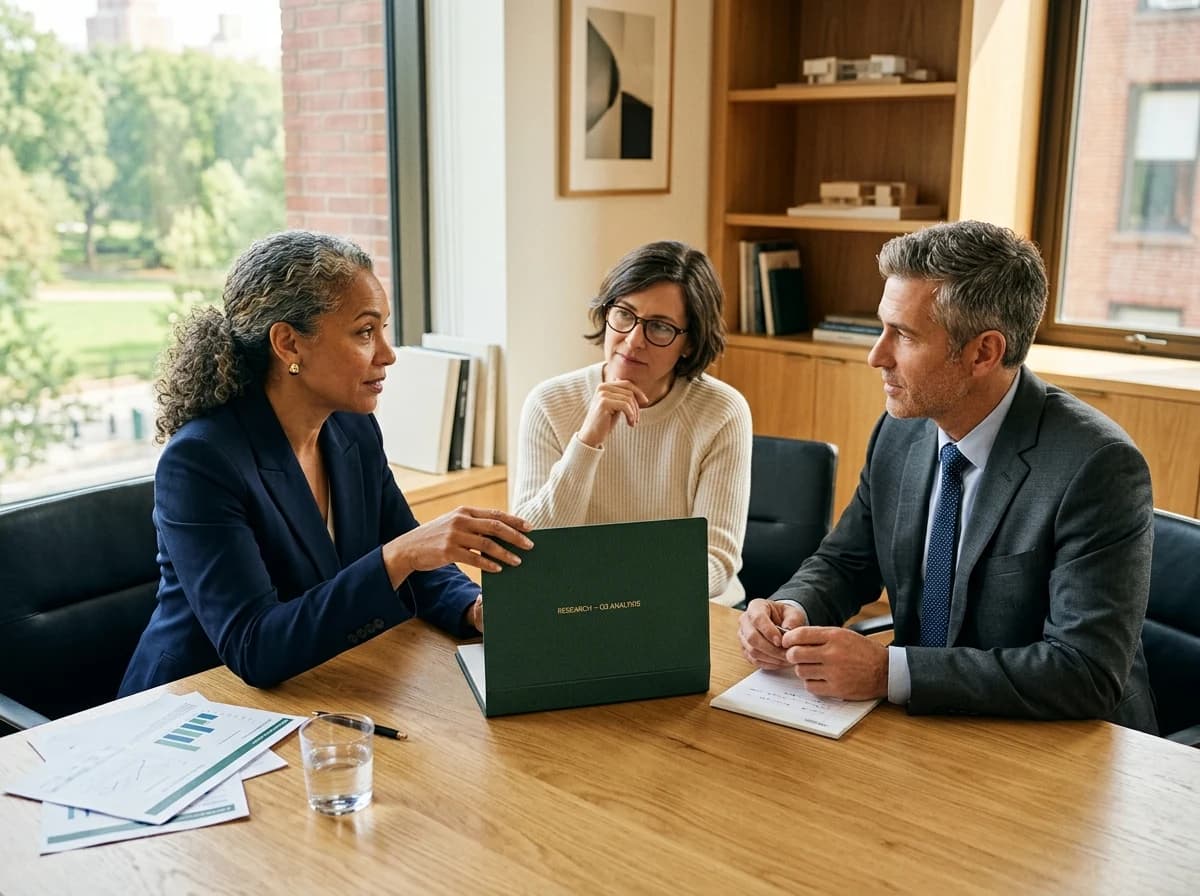 Three financial advisers discussing a closed research folder around a sunlit boardroom table with restrained natural gestures