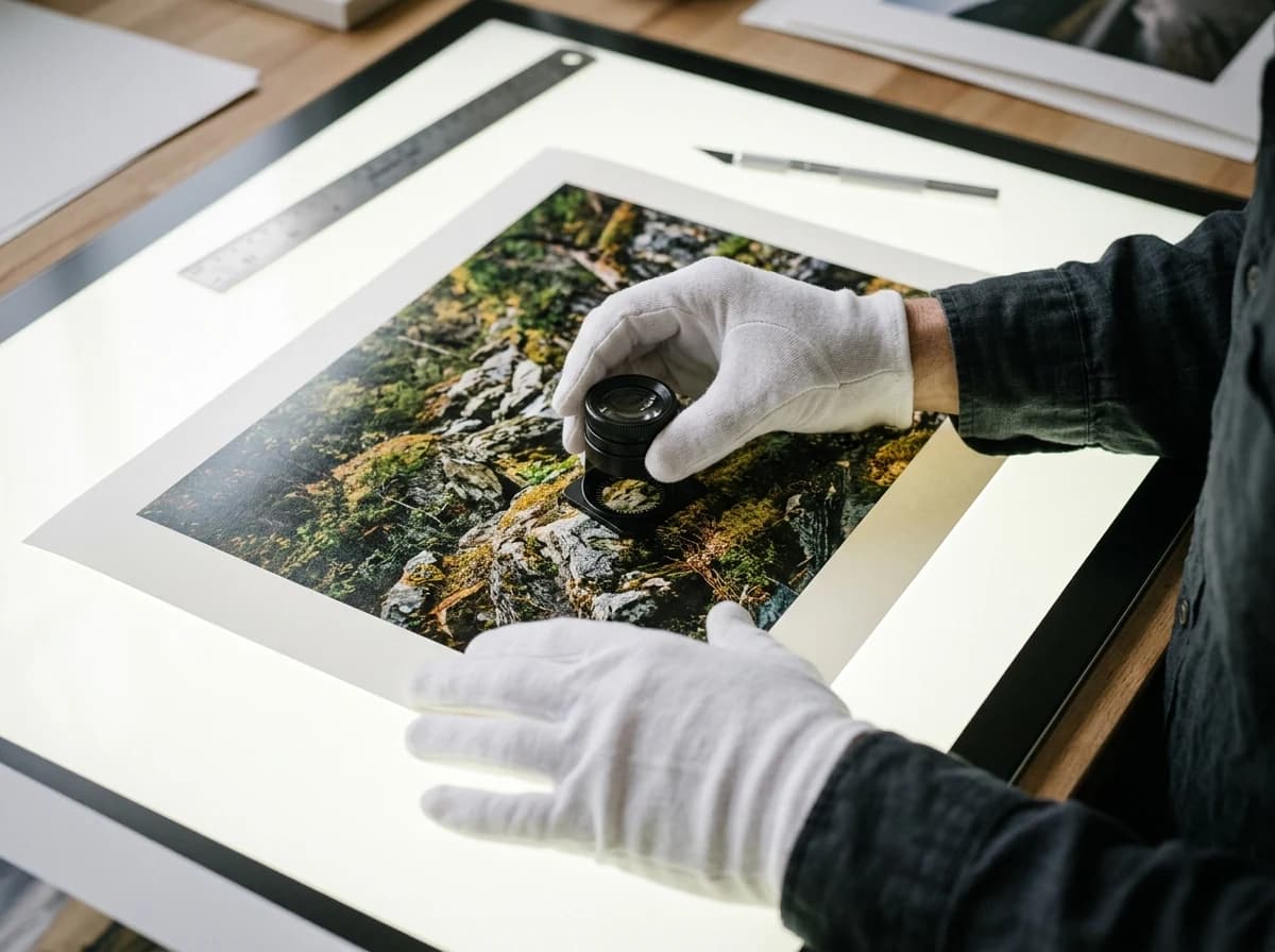 Photographer using a loupe to inspect the details of a large photographic print on a light table.