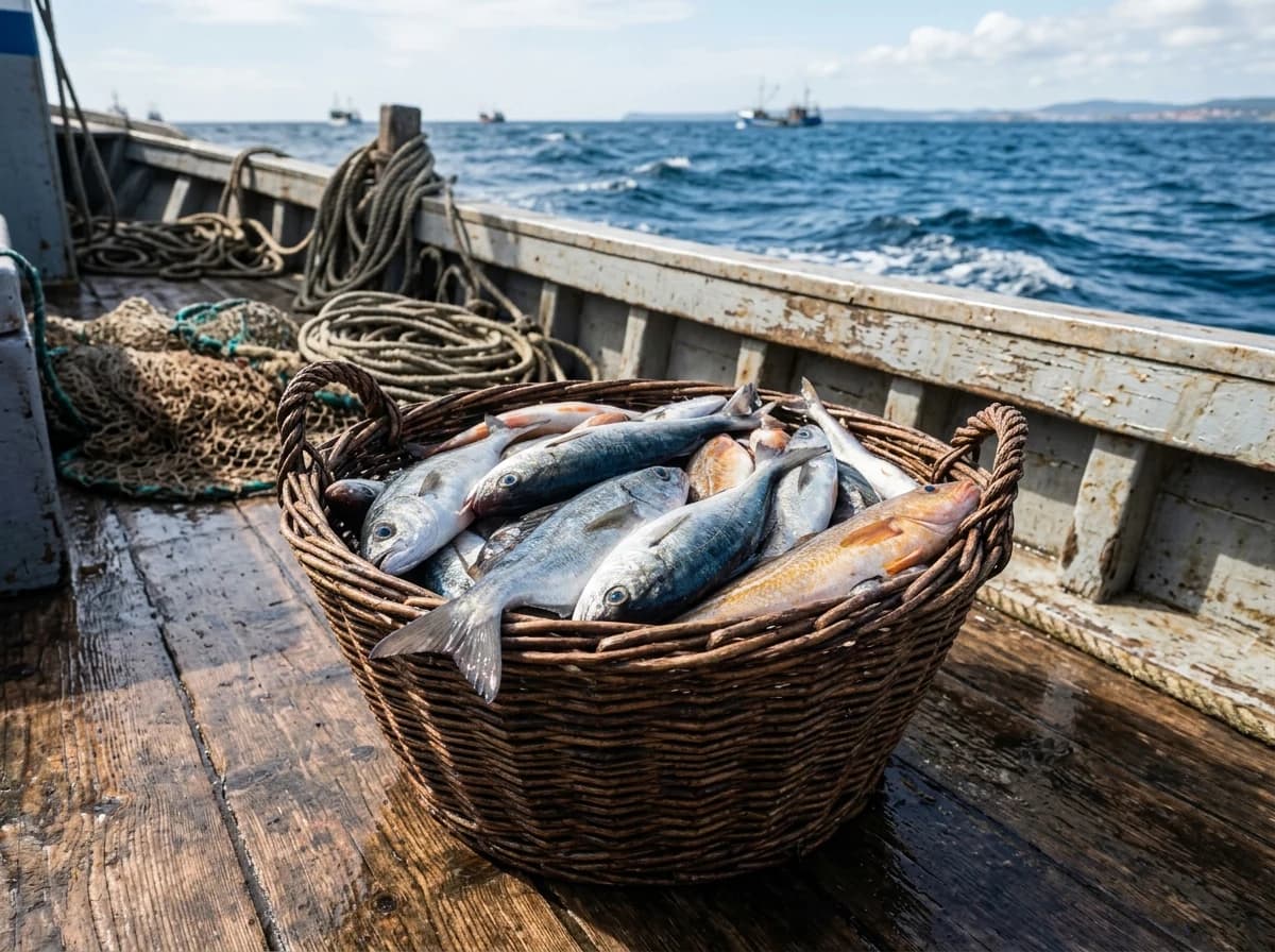 Wicker basket filled with freshly caught fish, laid on a boat deck.