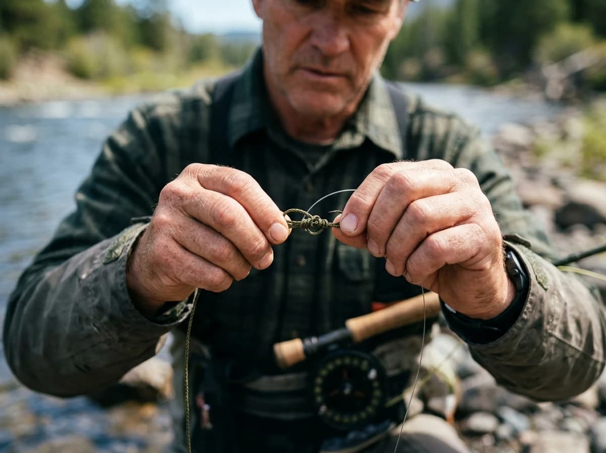 Fishing guide's hands expertly tying a complex fishing knot on a sturdy line.
