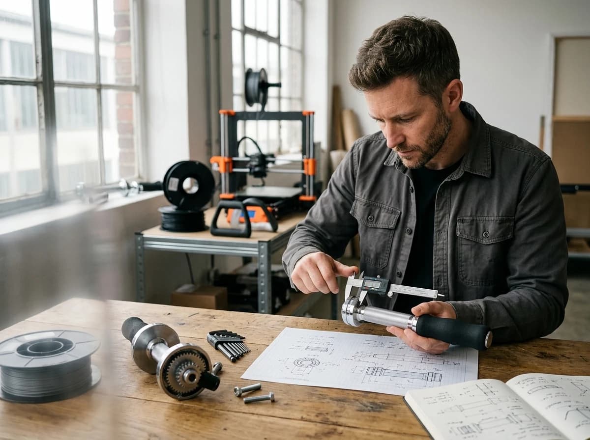 Fitness equipment designer inspecting a physical adjustable handle prototype with calipers, foam grips and dimension sketches on a workshop bench
