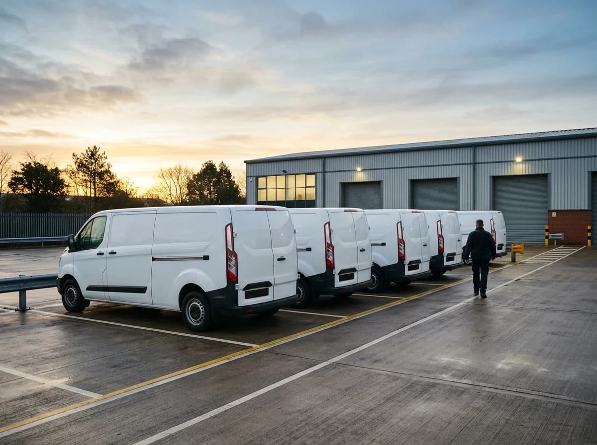 Commercial vans parked in marked bays at a fleet depot.