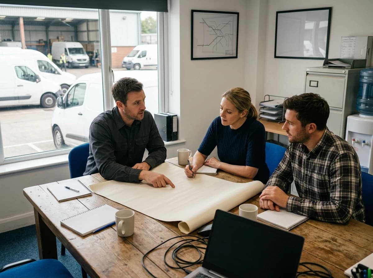 Fleet operations colleagues planning together in a depot office.