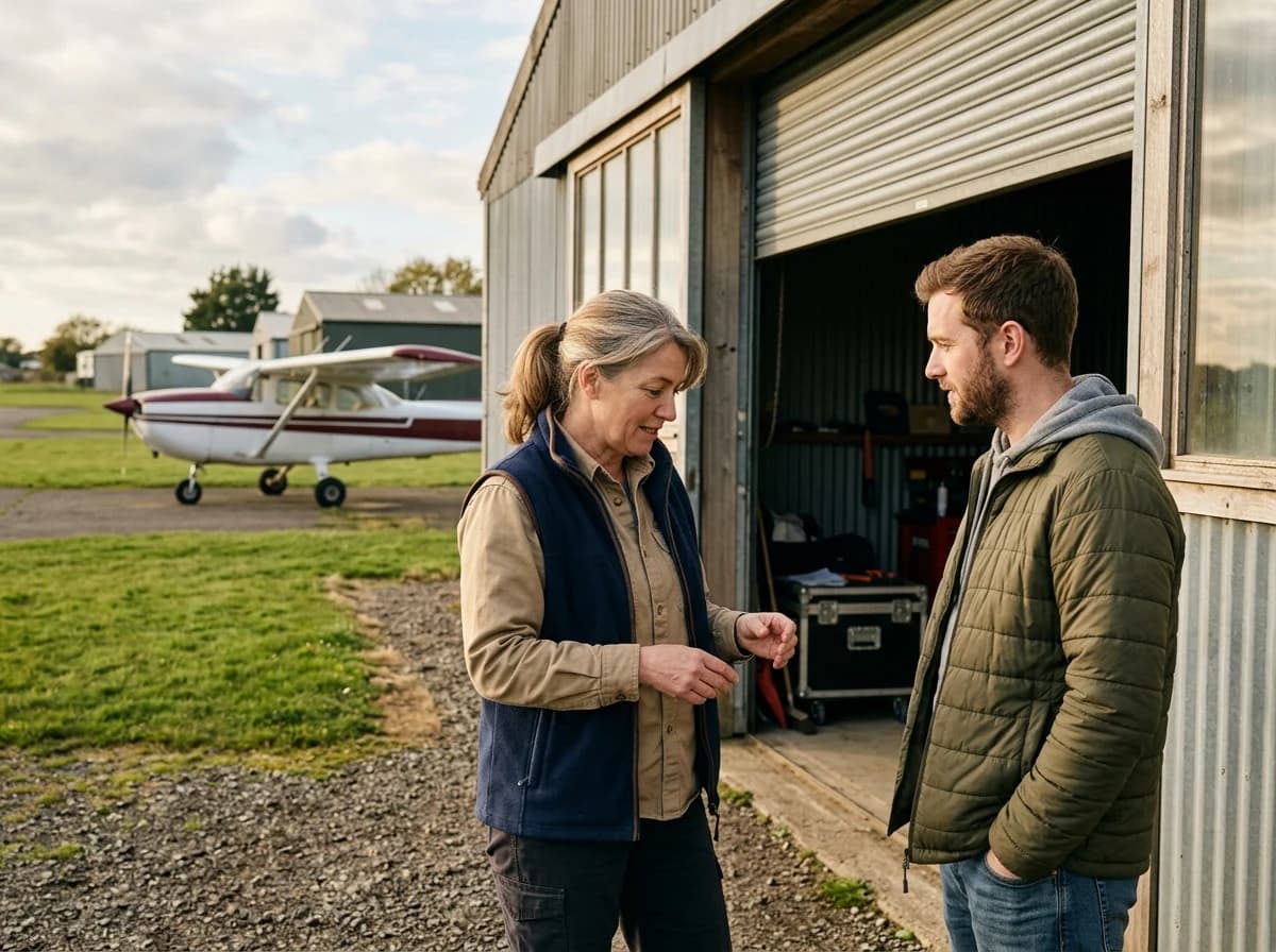 Two adults talking outside a flight school hangar with a parked airplane behind them.