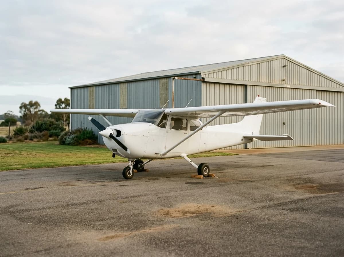 A small training airplane parked outside a hangar in morning light.