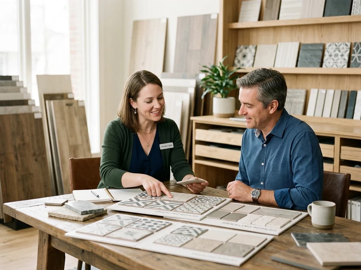 A flooring consultant showing tile options to a homeowner during a design consultation.