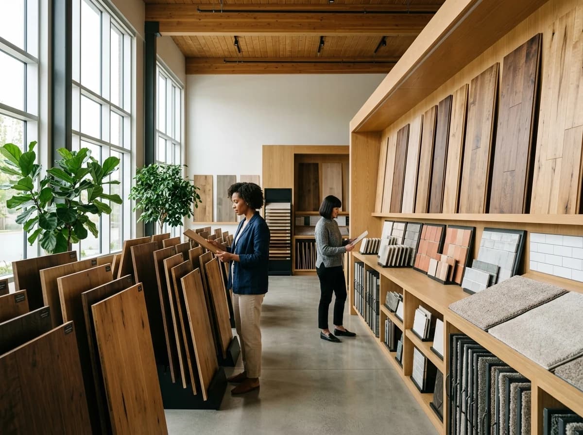 A spacious, well-lit flooring showroom featuring diverse samples of hardwood, tile, and carpet on display.