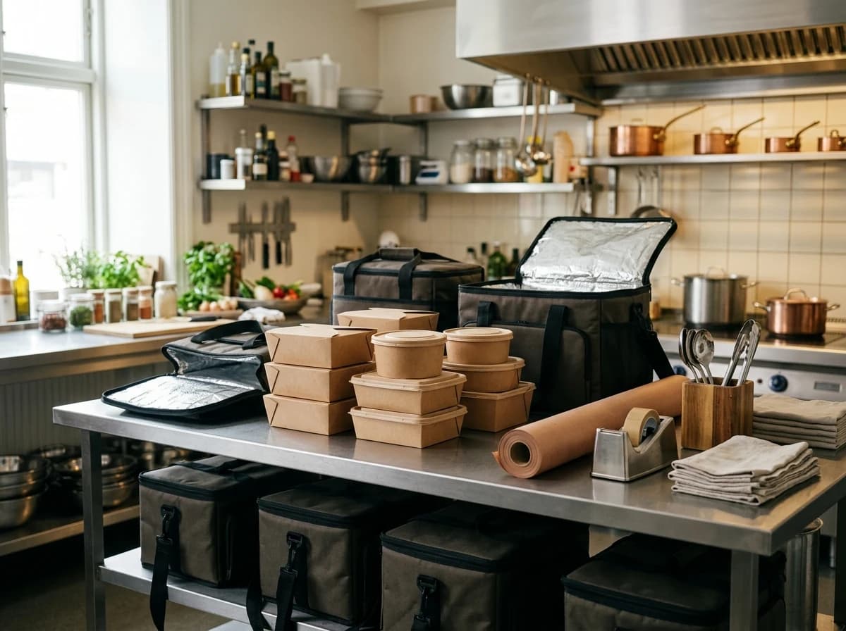 Takeaway containers and insulated bags arranged at a kitchen packing station.