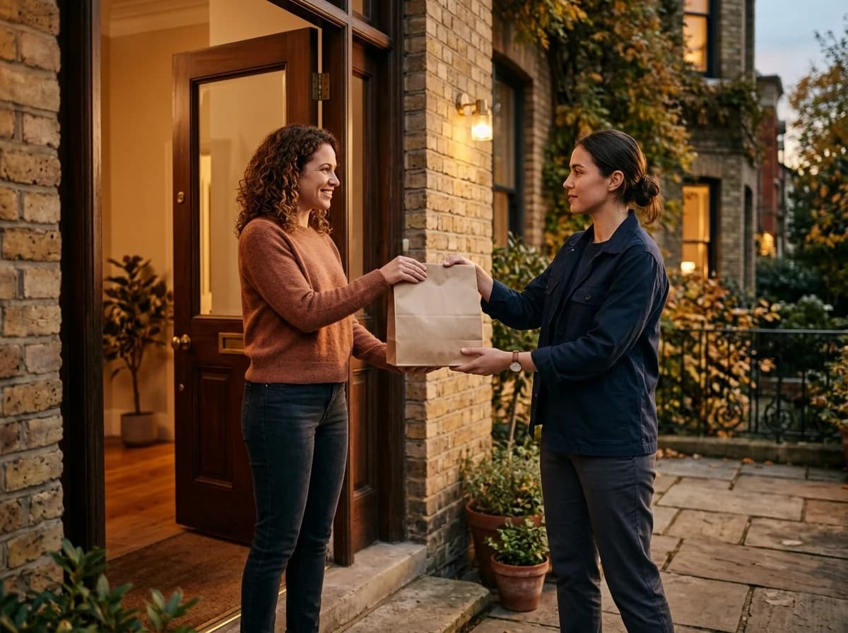 A courier handing a food bag to a customer at an apartment doorway.