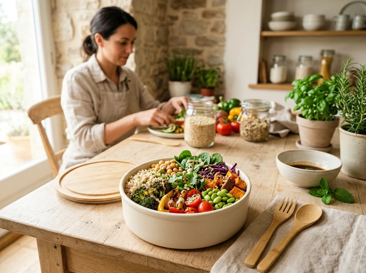 A colorful vegetable and grain meal in a takeaway bowl.