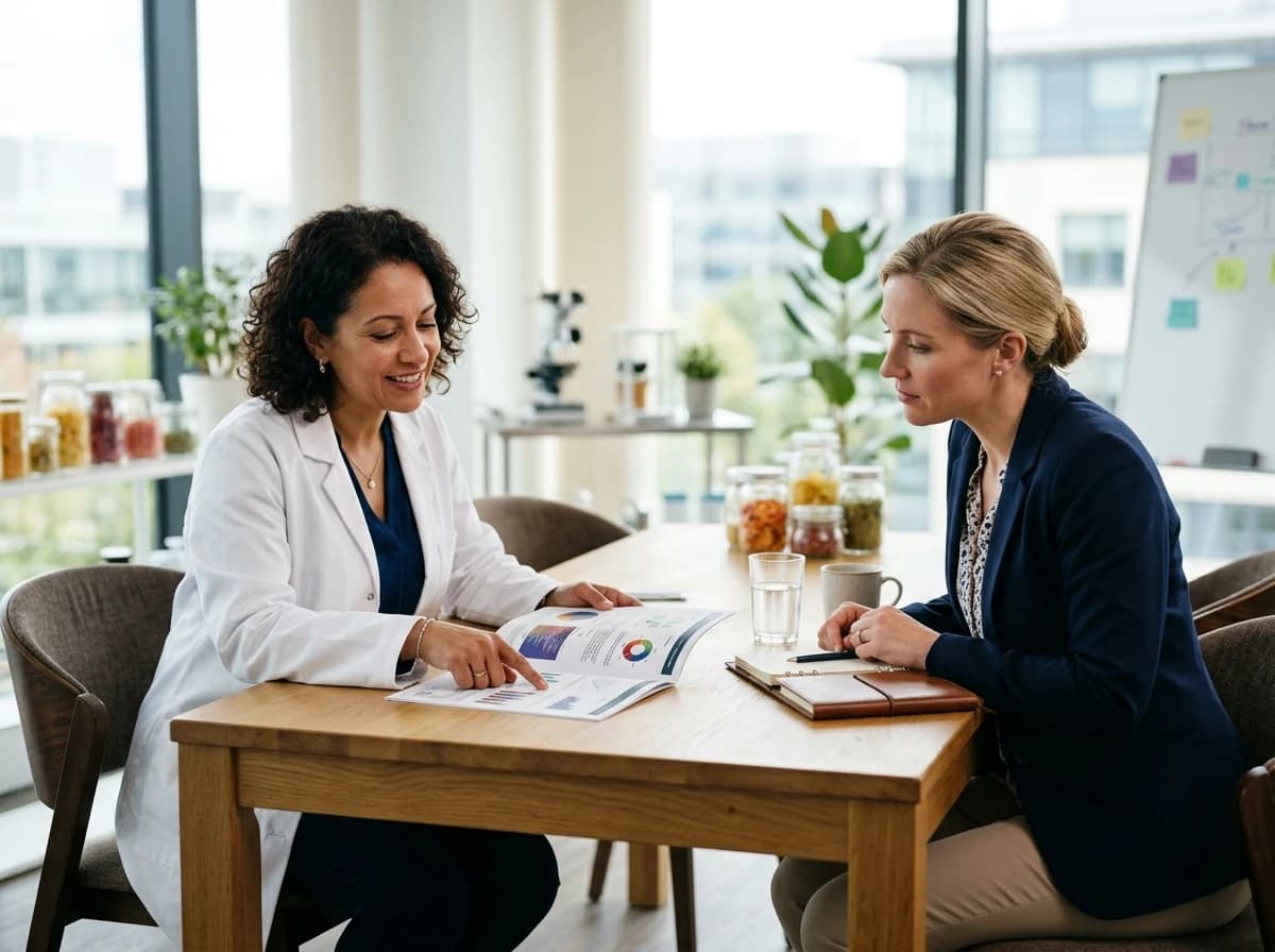 Two adults, a food technologist and a client, are discussing a report with charts and graphs (no readable text) on a table in a bright meeting room. The food technologist is pointing to a section of the report, explaining findings.