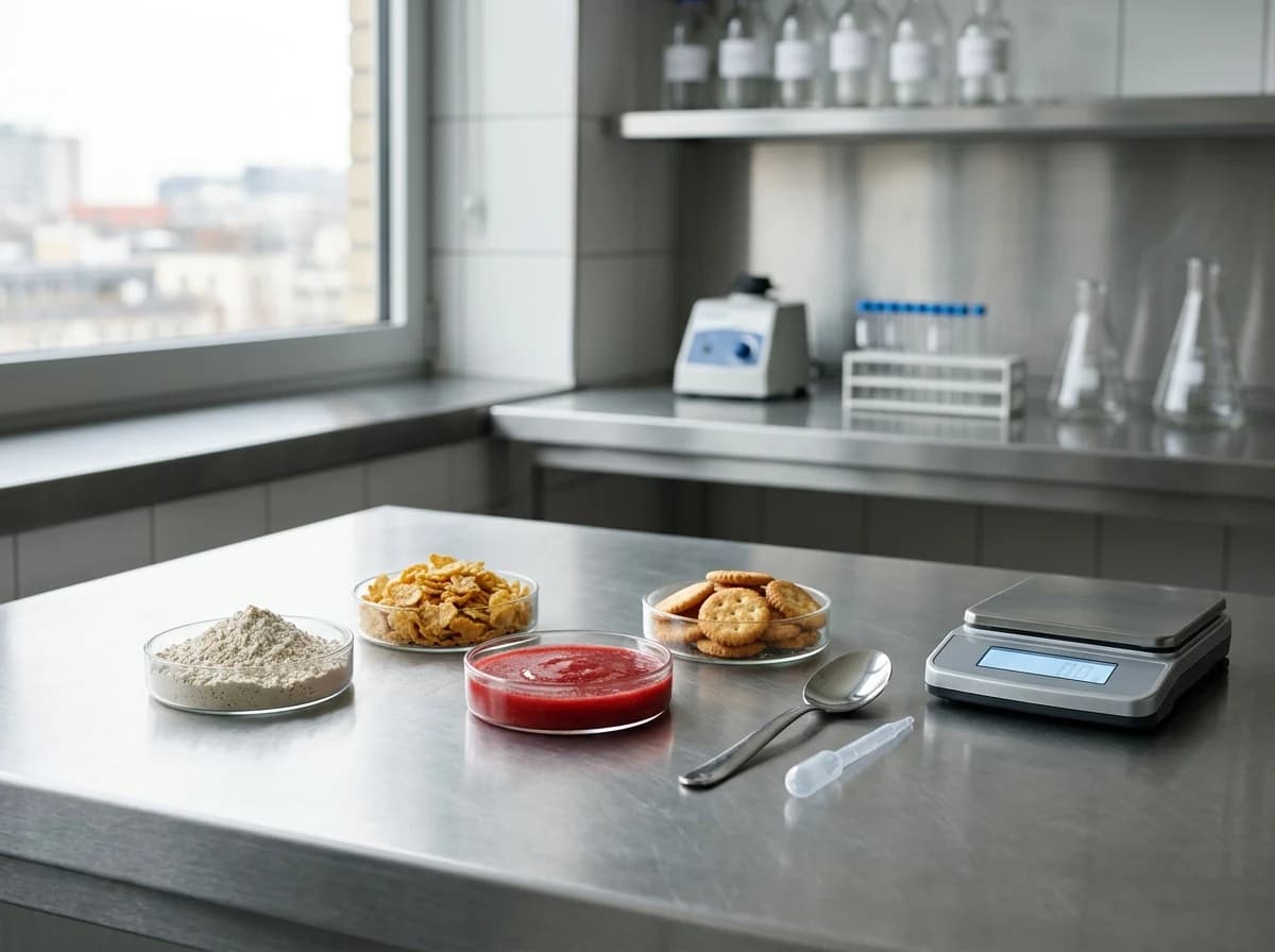 Unlabelled food prototype samples and laboratory tools on a clean stainless steel bench