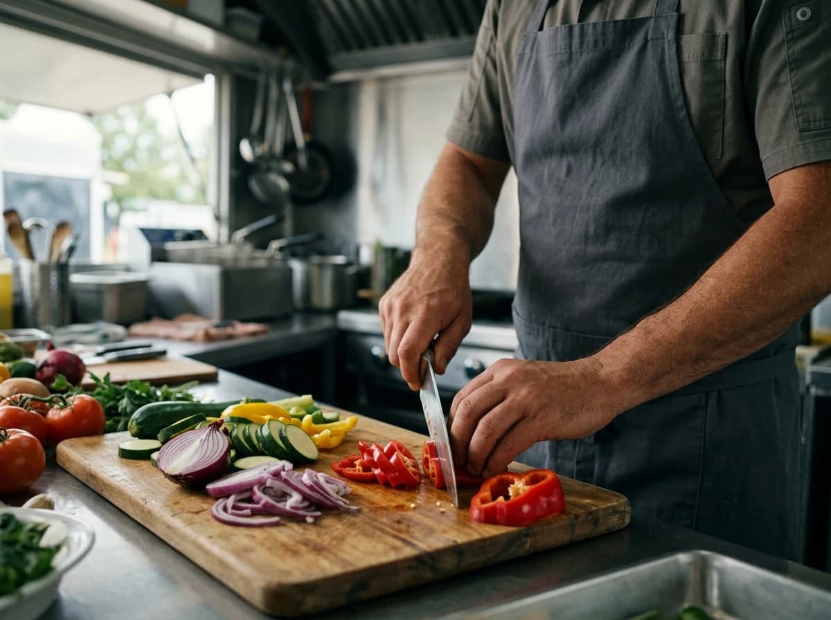 Chef's hands meticulously chopping fresh vegetables on a cutting board inside a food truck.
