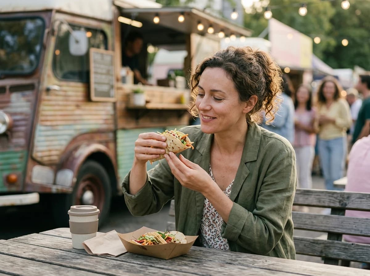A happy person smiling while eating a meal from a food truck outdoors.