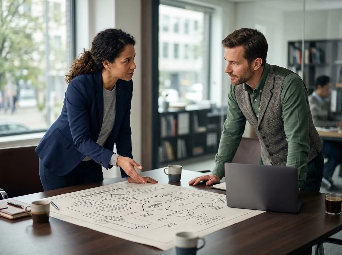 Franchise consultant explaining a business model to a prospective owner.