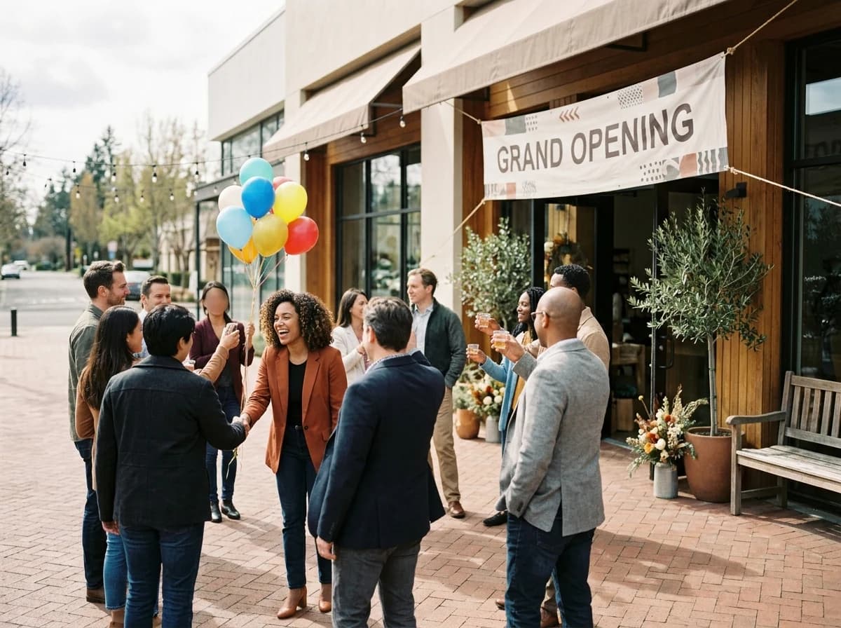 Diverse group of adults celebrating a new franchise grand opening with ribbon cutting.