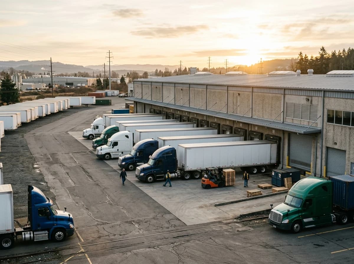 Freight trucks parked at loading docks in morning light.