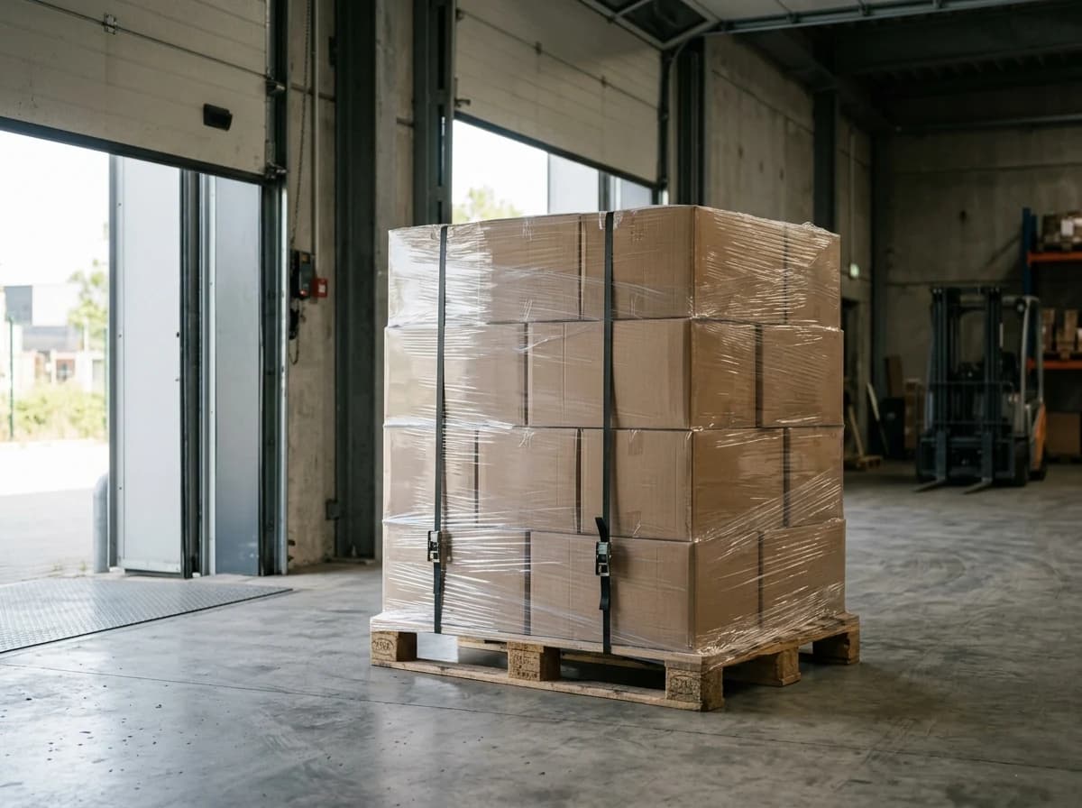 A wrapped pallet of boxes secured with straps in a loading bay.