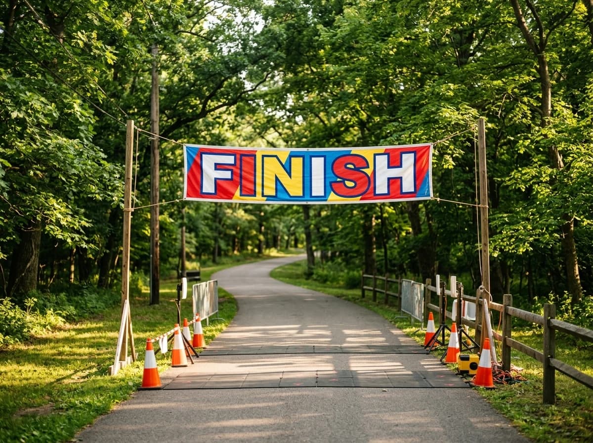 Empty, generic finish line banner stretched across a park path with timing mats visible on the ground.