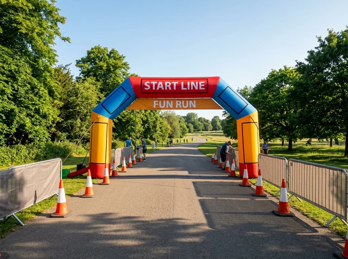 Inflatable start line archway on an empty park path, ready for a fun run event.
