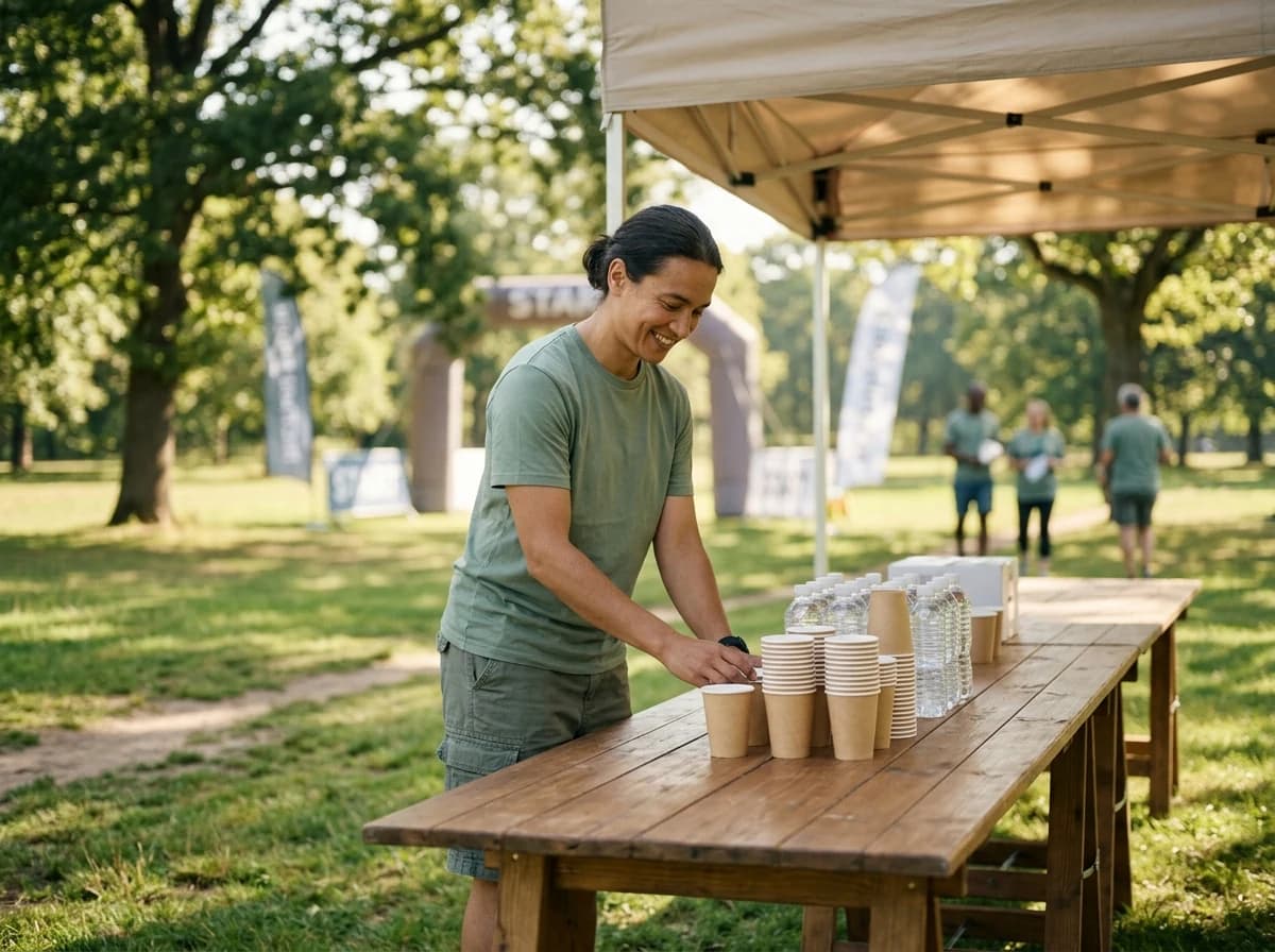 Adult volunteer setting up a water station with cups and bottles on a table in a park.