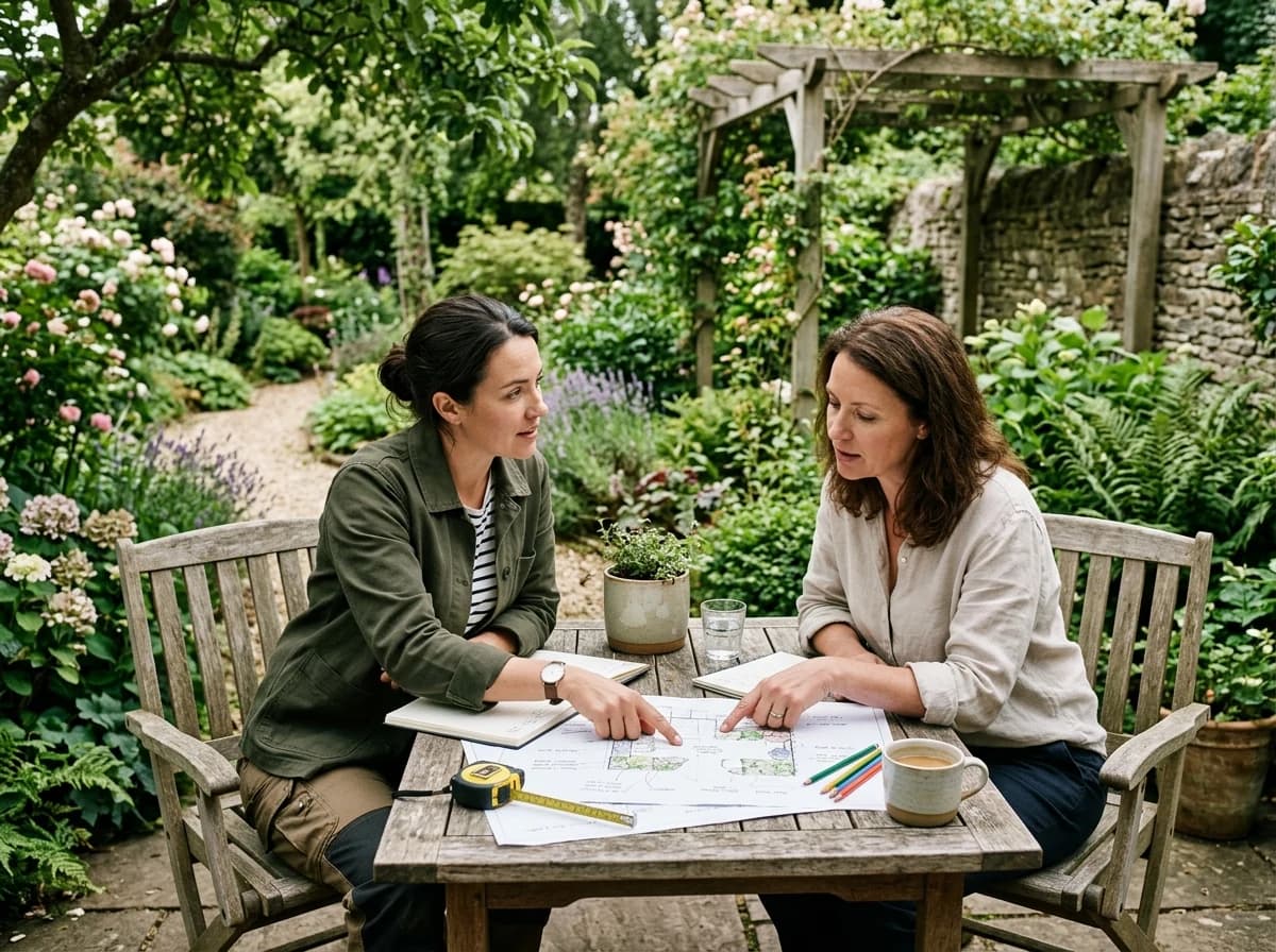 Two adults, one a gardener, discussing garden plans with blueprints spread on an outdoor patio table.
