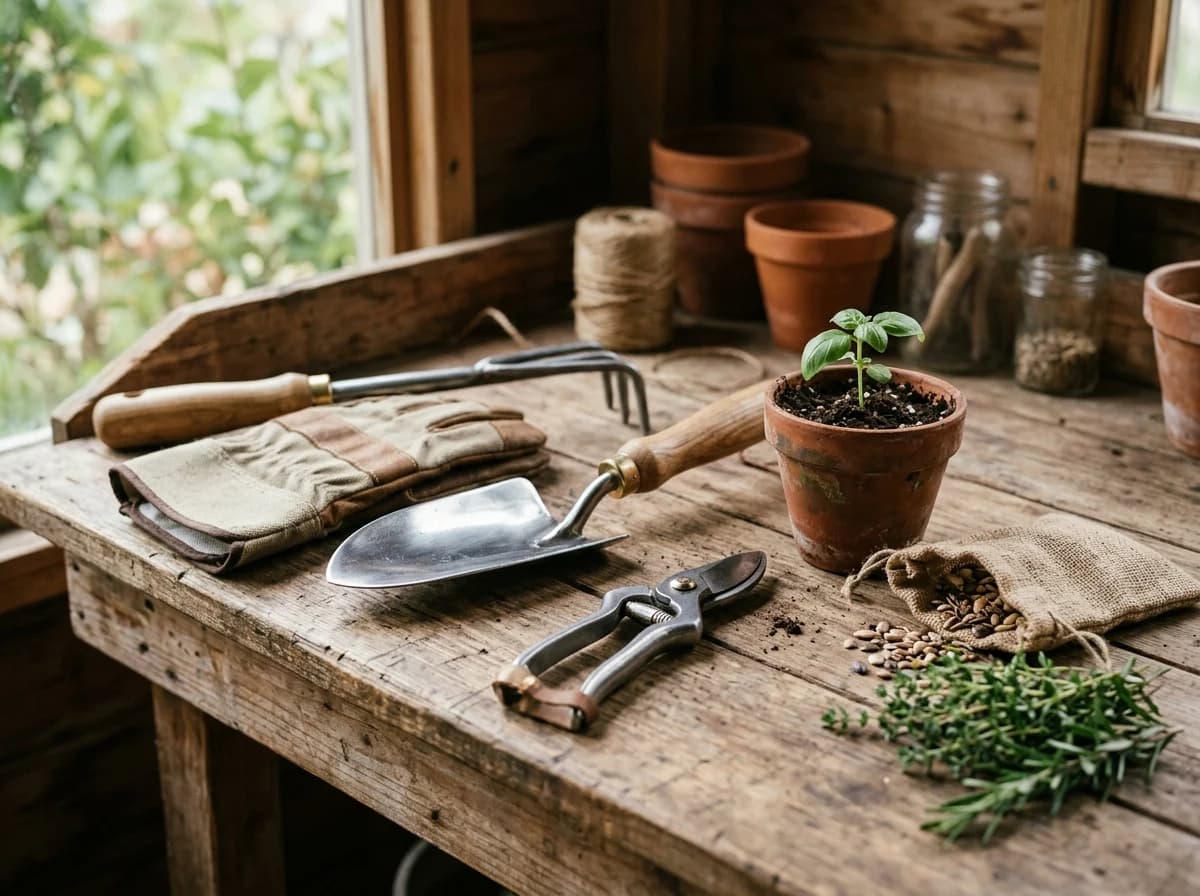 Neatly arranged set of clean, high-quality gardening tools, including trowel, shears, and gloves, on a wooden bench.