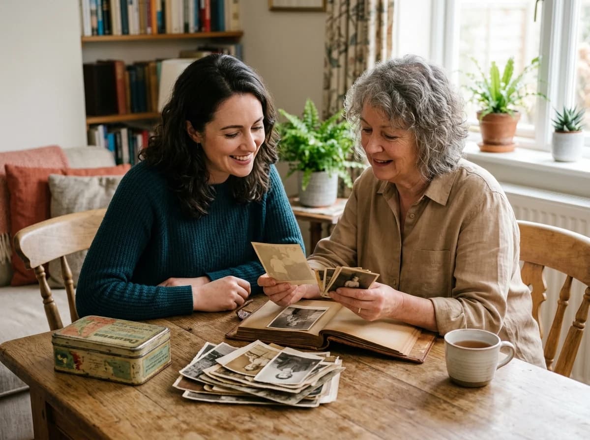 Two adults thoughtfully looking through a collection of old physical family photographs together.