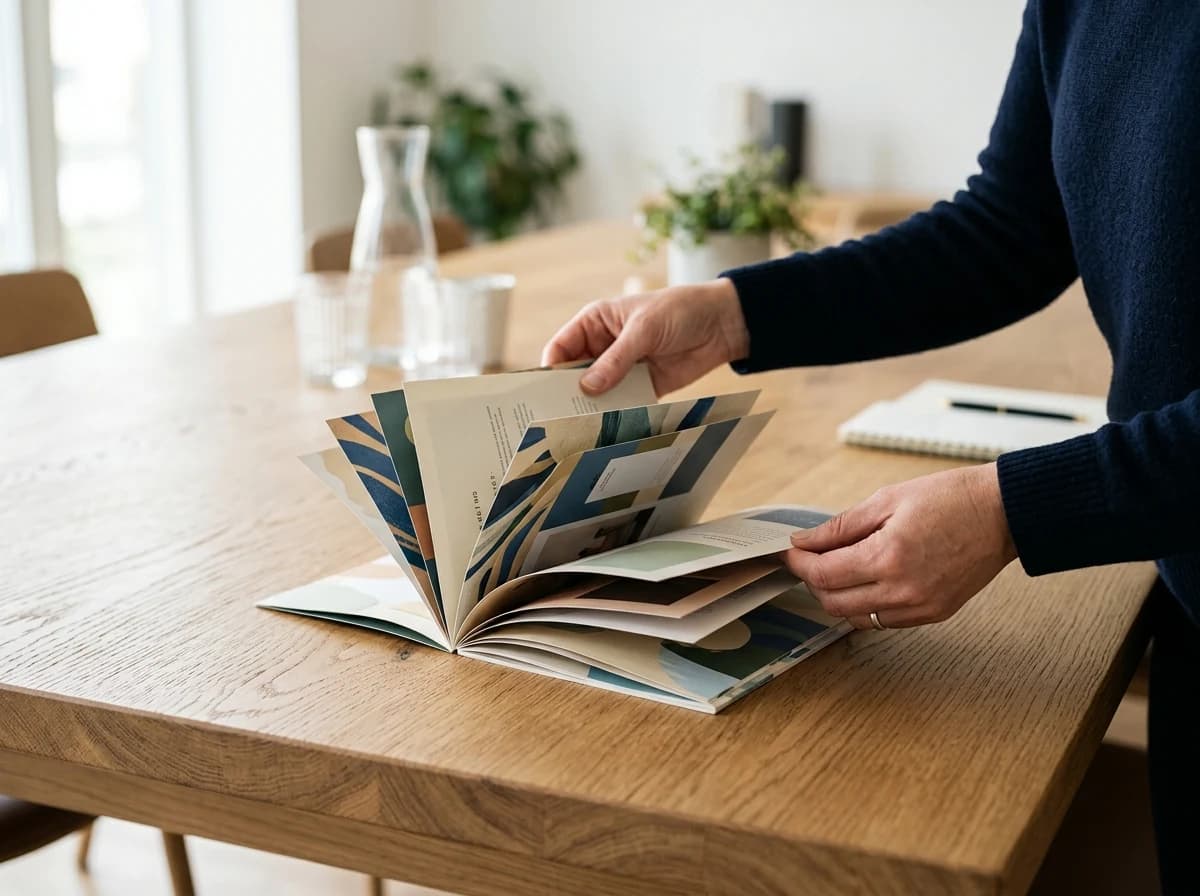 An adult client's hands gently fanning through a stack of newly printed brochure mock-ups, observing the quality and design details in a well-lit meeting space.