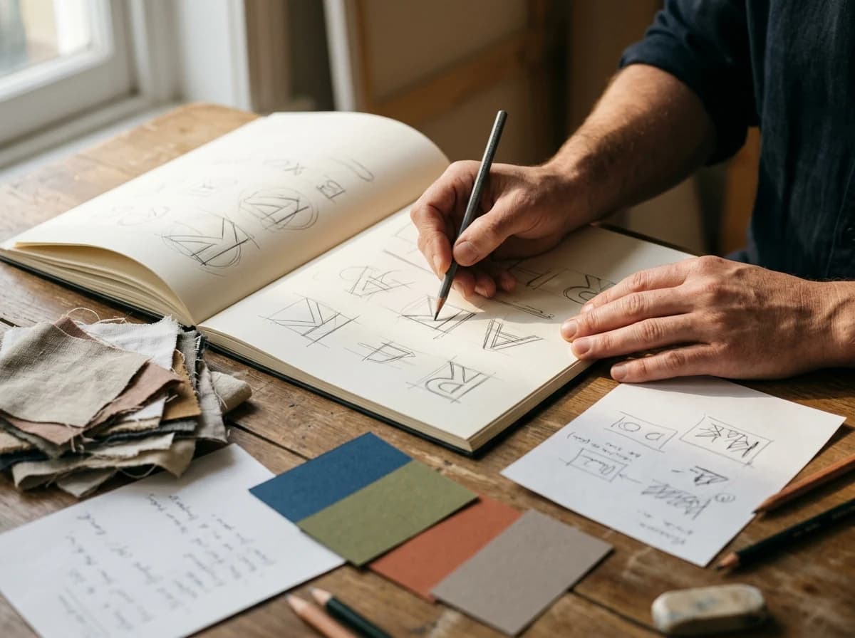 Artist's hands sketching logo concepts with a graphite pencil on a thick sketchbook, surrounded by initial design notes and material swatches.