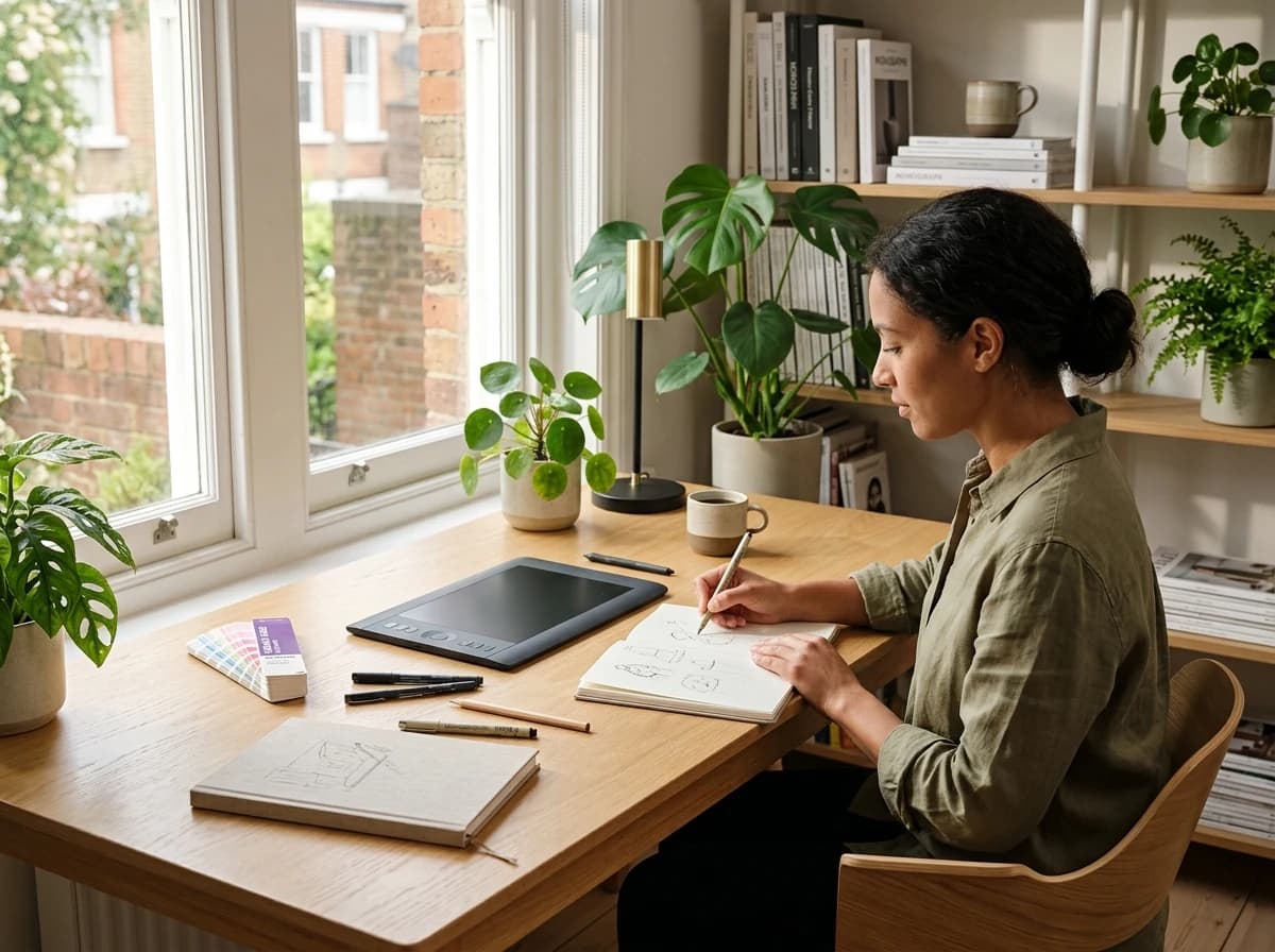 A modern, well-lit graphic design studio workspace with various art supplies, design books, and a clean drawing tablet, ready for creative work.