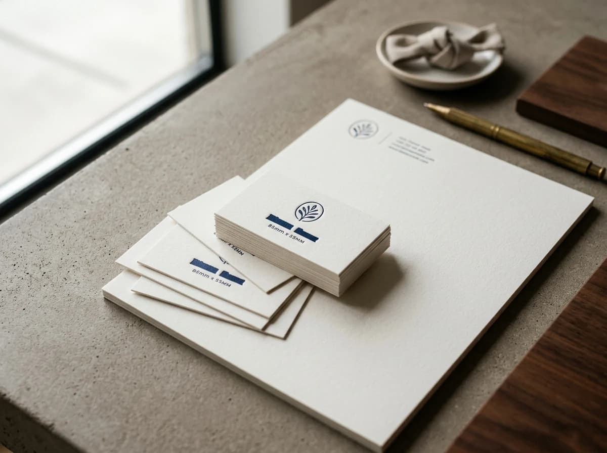Close-up of elegantly designed, high-quality printed business cards and letterhead on a textured surface, showcasing fine paper stock and crisp typography.
