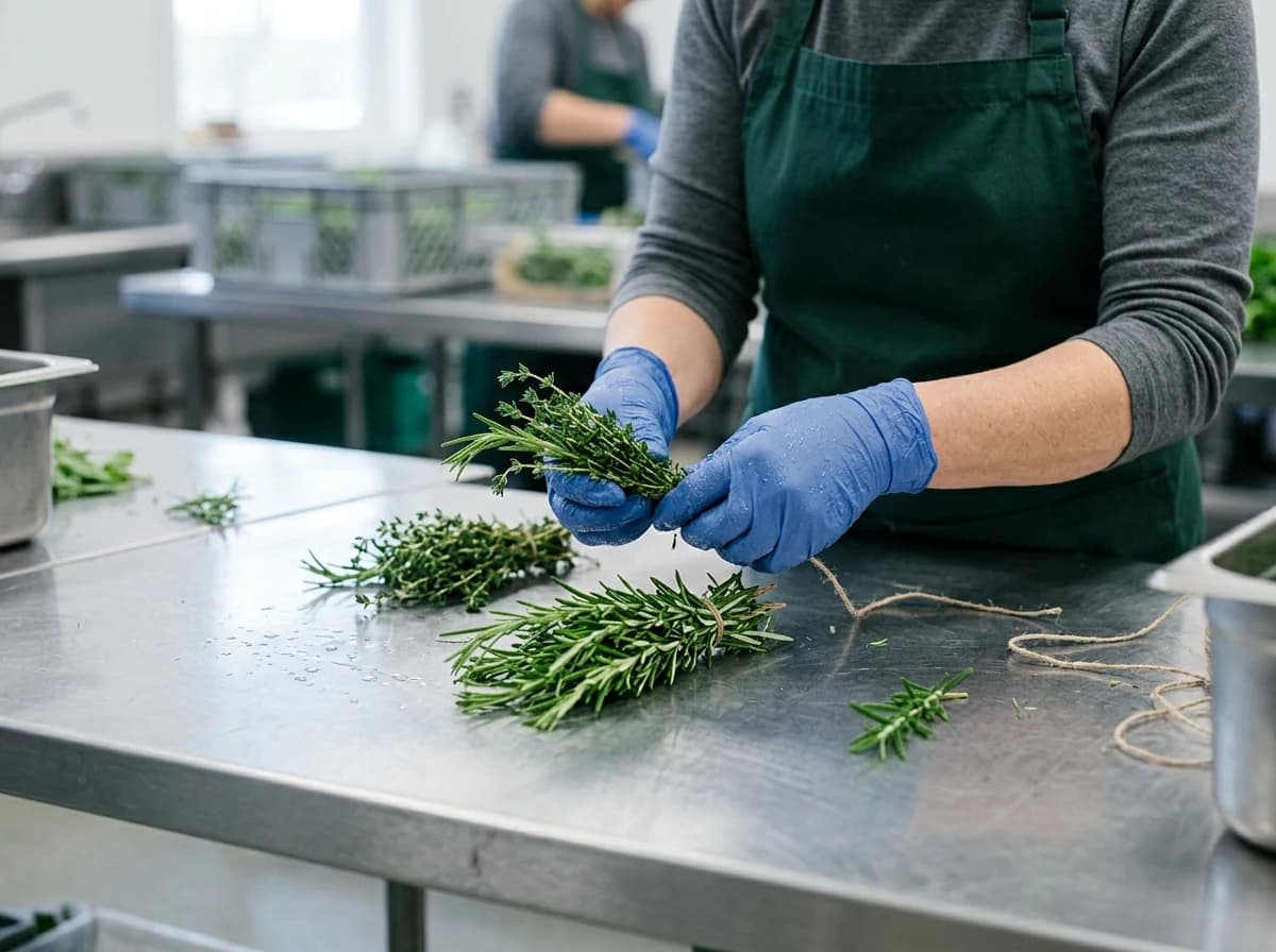 Close-up of gloved hands carefully sorting and bundling fresh rosemary and thyme on a stainless steel table.