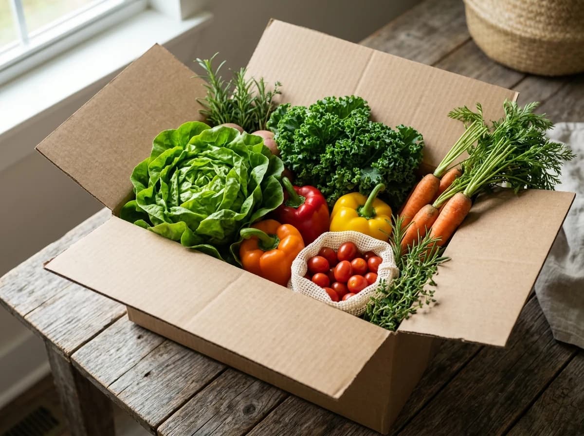Open cardboard produce box filled with a curated selection of seasonal organic vegetables and herbs.
