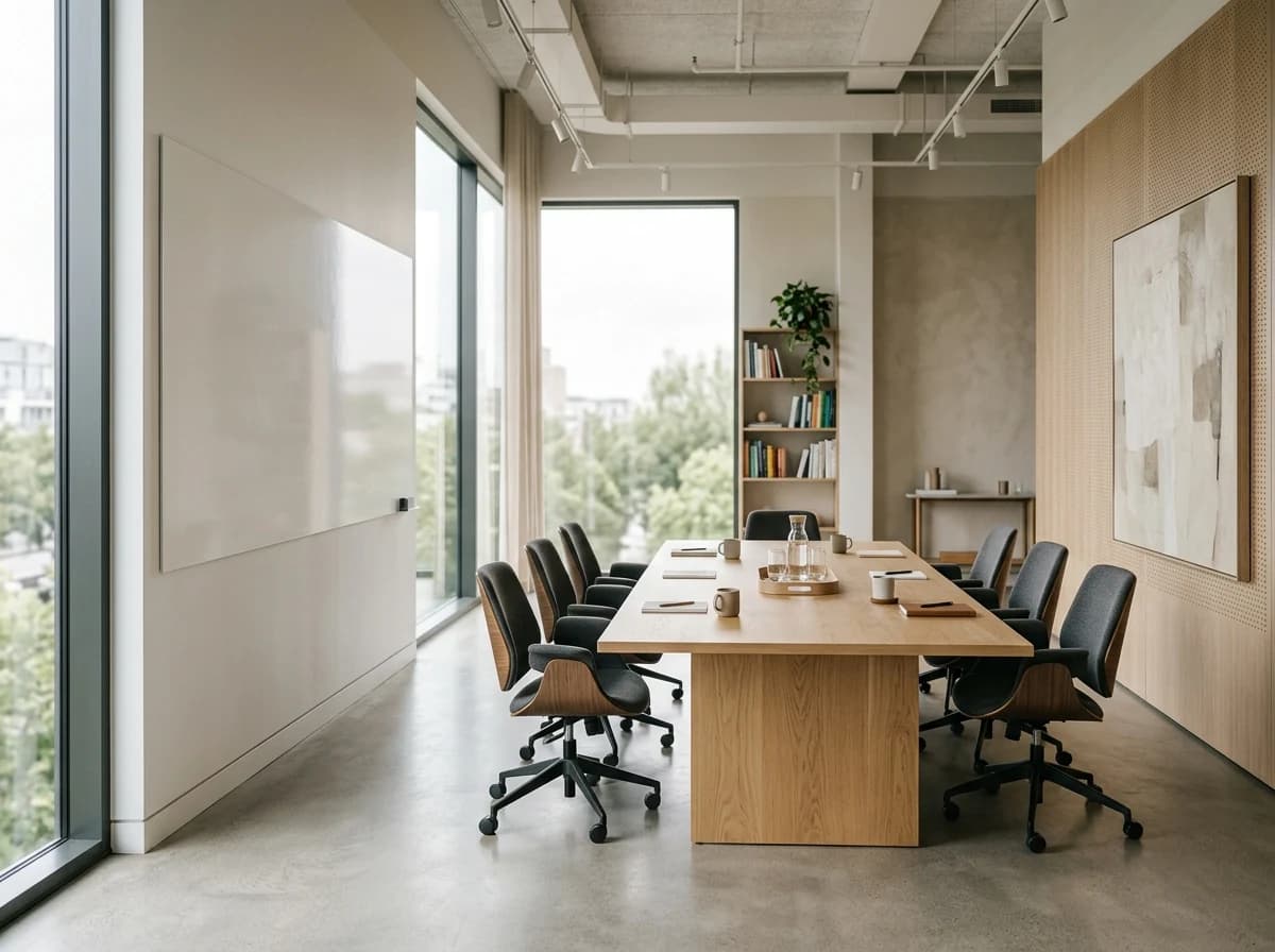 Bright, modern meeting room with large whiteboard, ready for brainstorming.