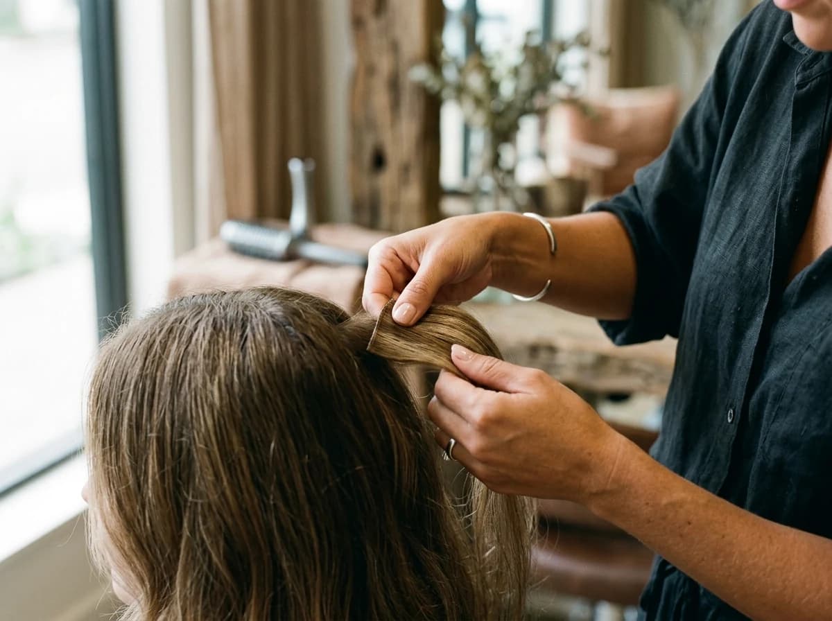 Close-up of a skilled stylist carefully color-matching hair extensions to a client's natural hair.