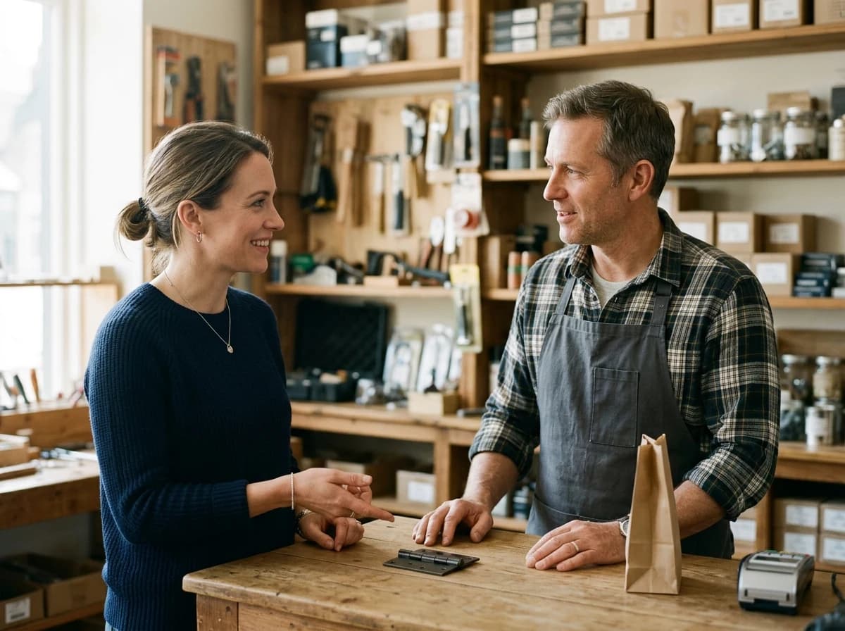 A customer and a hardware store employee discussing a small metal hinge at a shop counter.