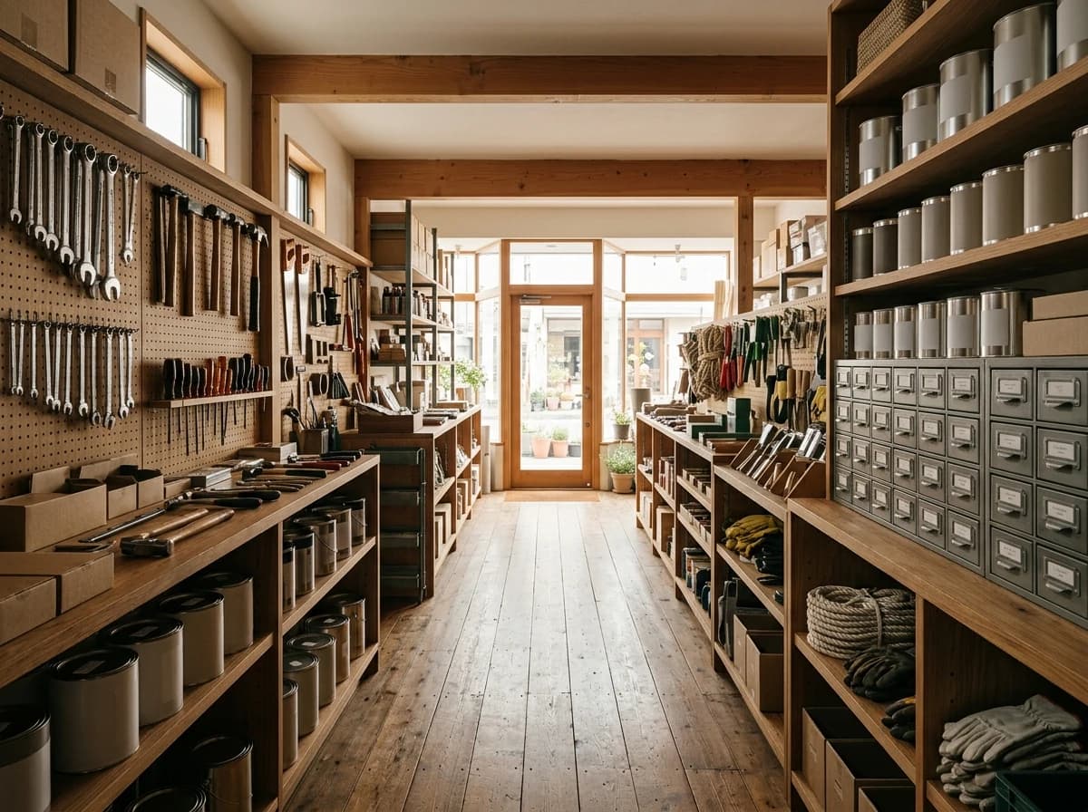 A hardware store aisle with shelves of tools, fasteners and home repair supplies.