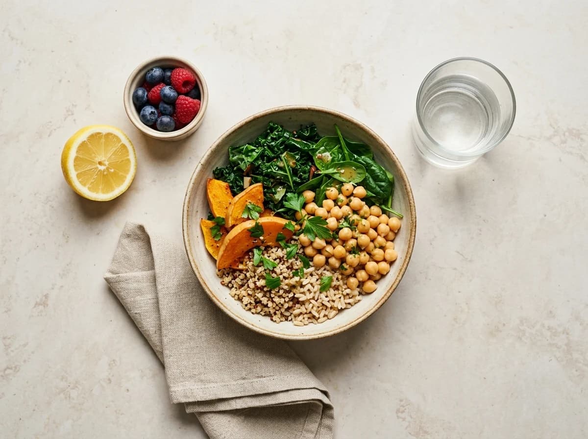 Fresh vegetables, whole grains and a colorful prepared lunch arranged on a bright kitchen counter.