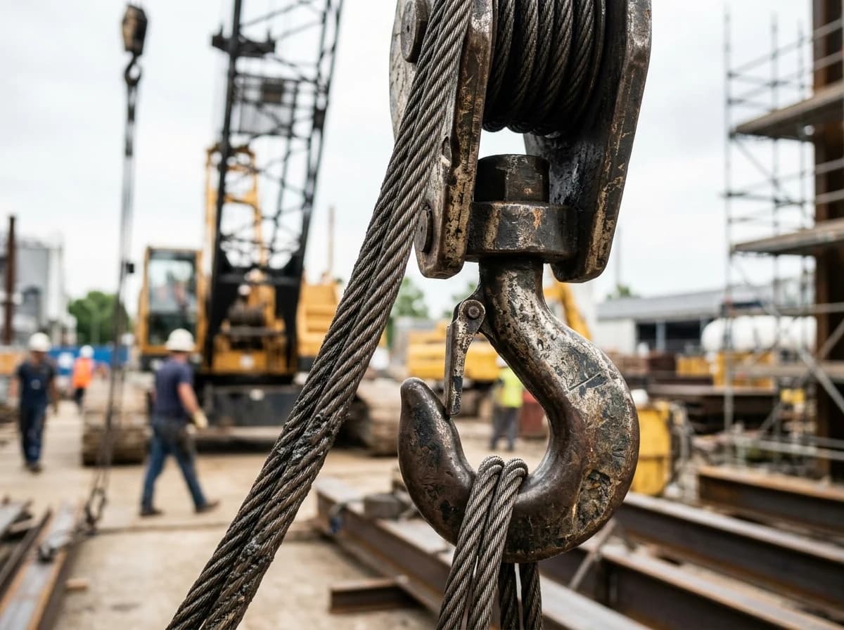 Close-up detail of a heavy-duty crane hook with thick steel cables, set against a blurred background of construction activity.