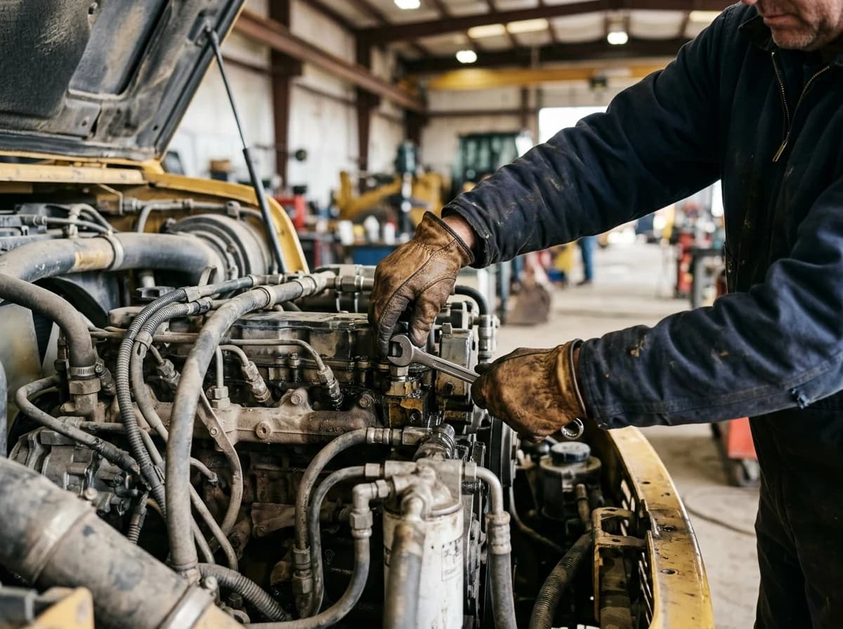 Close-up of an adult mechanic's hands inspecting the engine of a large piece of heavy equipment with a wrench, focusing on a specific part.