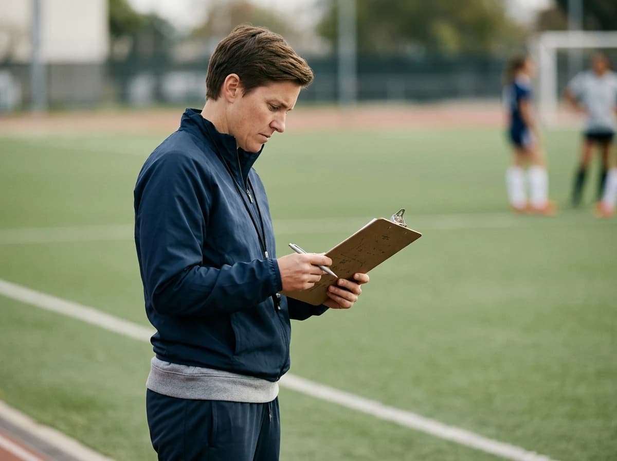 Adult coach reviewing plays on a clipboard on a sports field, focused expression.