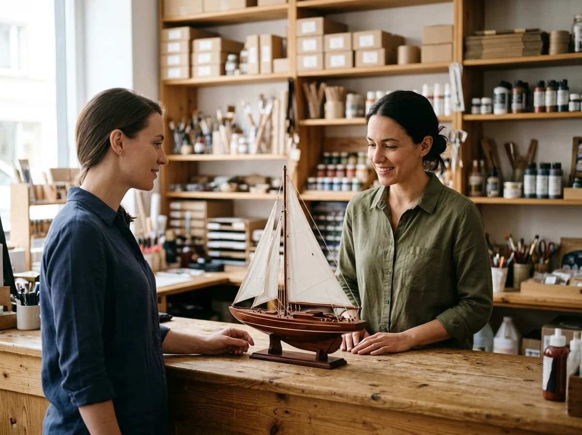 A shop assistant and an adult customer discussing a model sailboat at a hobby shop counter.