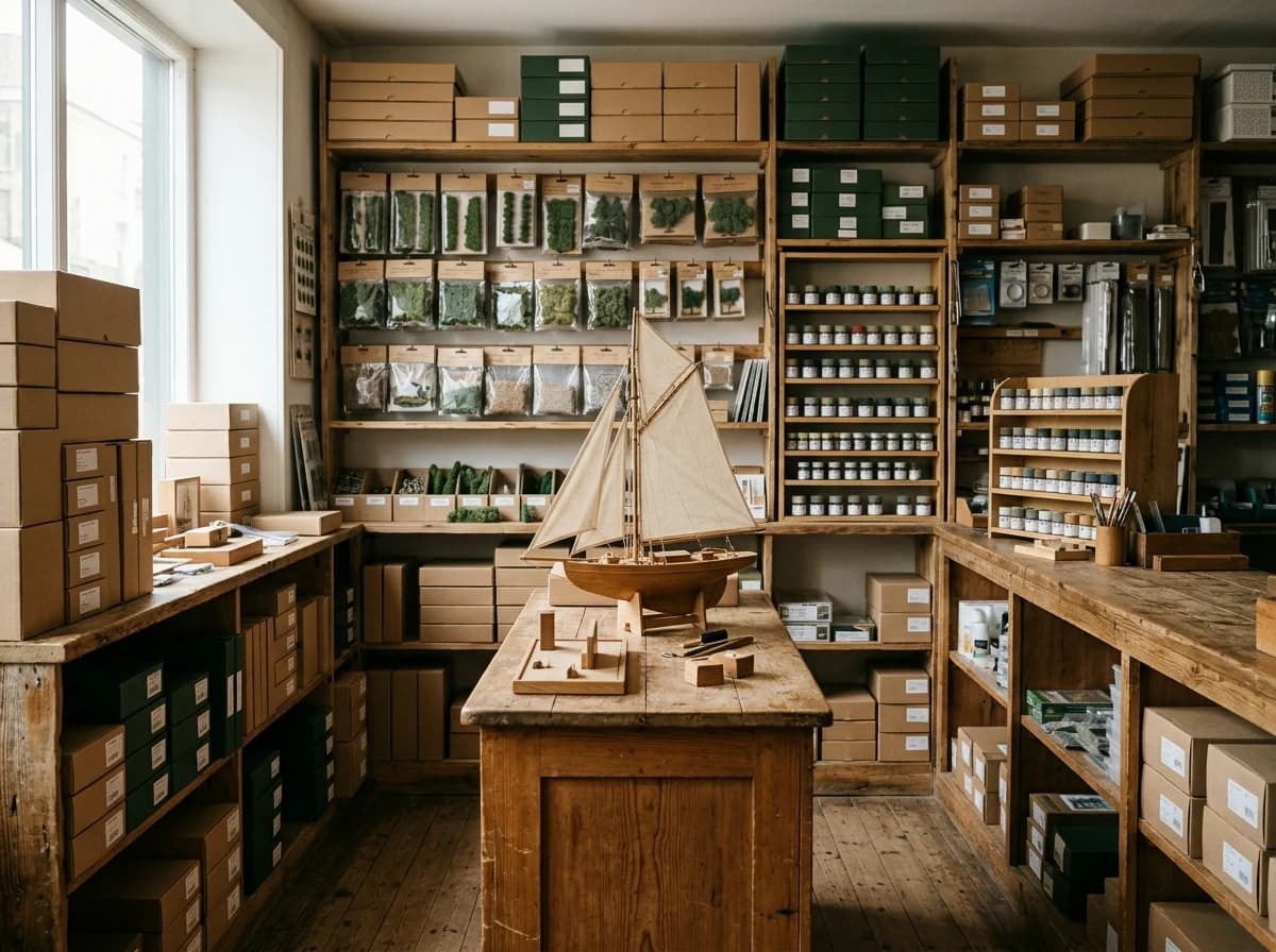 Wooden shelves displaying model kits and hobby supplies in a sunlit shop.