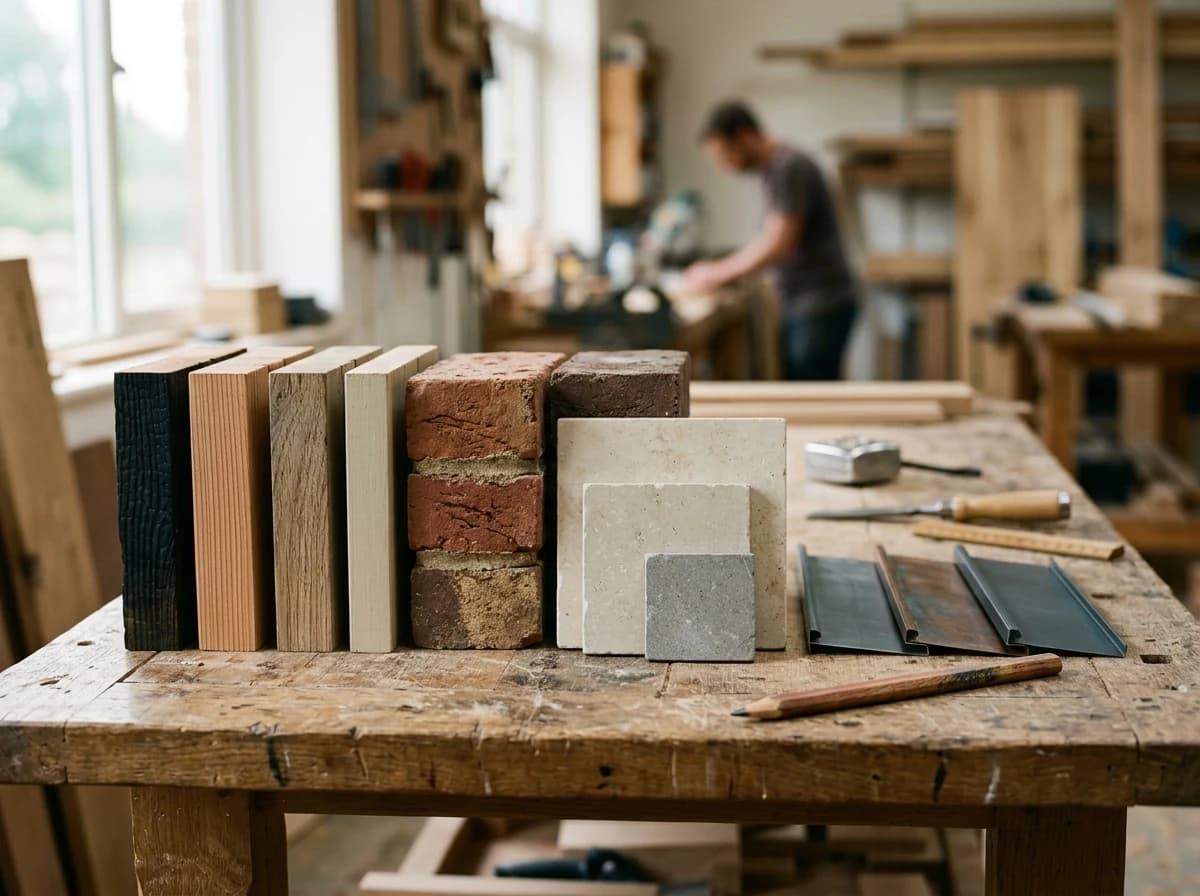Timber cladding samples, warm brick, limestone tile and metal roofing swatches neatly arranged beside a carpenter’s pencil on a builder’s worktable.